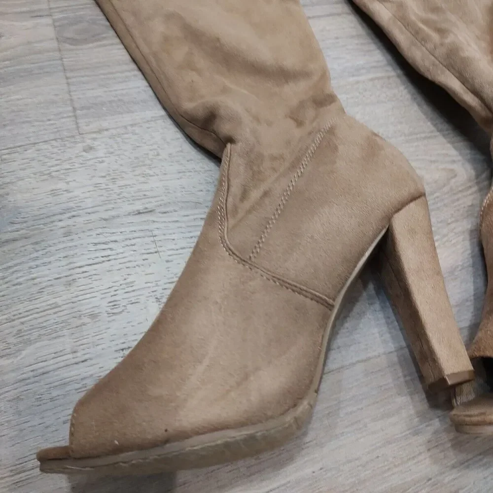 Forever Thigh High Boots Women 9 Brown Suede Open Peekaboo‎ Toe Over The Knee